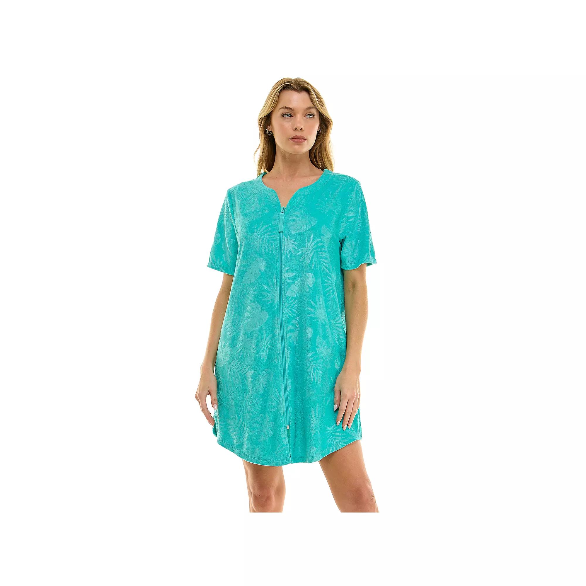 Women's Croft & Barrow® Embossed Honey Knit Terry Zip Robe, Size: Medium, Filli Palm Leaves Turquoise Product Image
