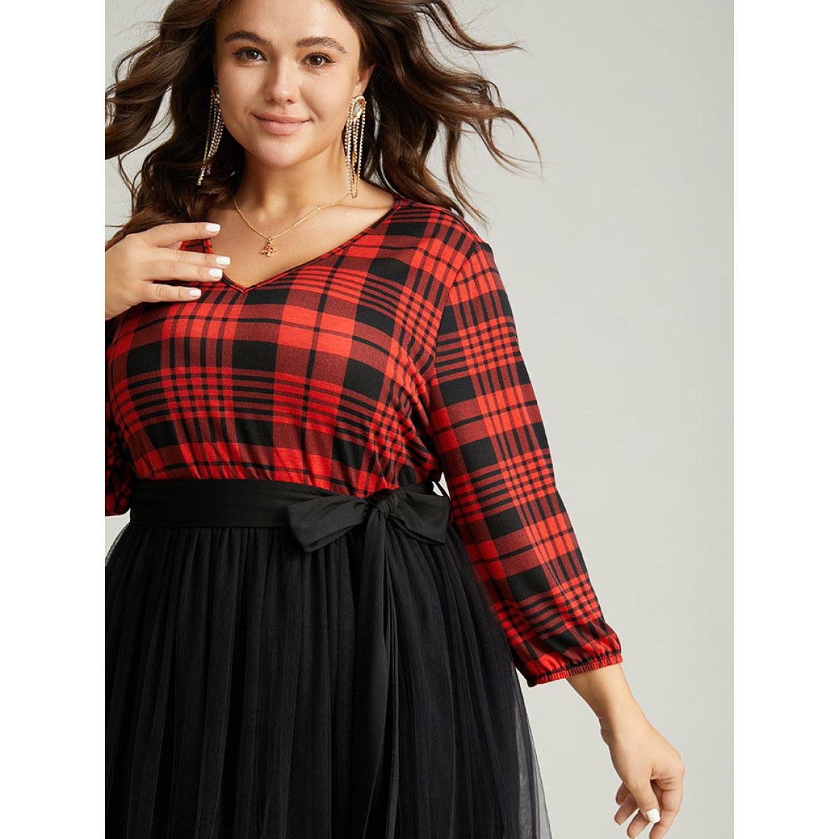 Plus Size Plaid Mesh Patchwork Elastic Waist Belted Dress Raspberry Women Glamour Elastic cuffs V-neck Long Sleeve Curvy Midi Dress BloomChic 12/L Product Image