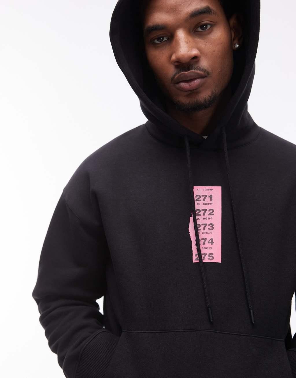 Topman oversized fit hoodie with raffle ticket print in black Product Image