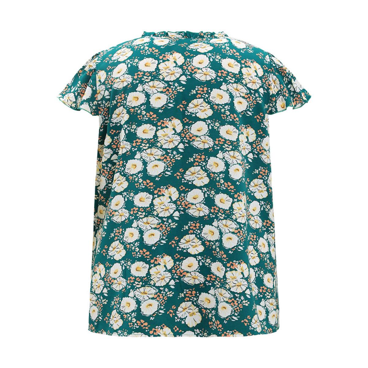 Plus Size Cerulean Floral Ruffle Sleeve Shirred Button Up Frill Trim Blouse Women Elegant Short sleeve V-neck Dailywear Blouses BloomChic 12/L Product Image