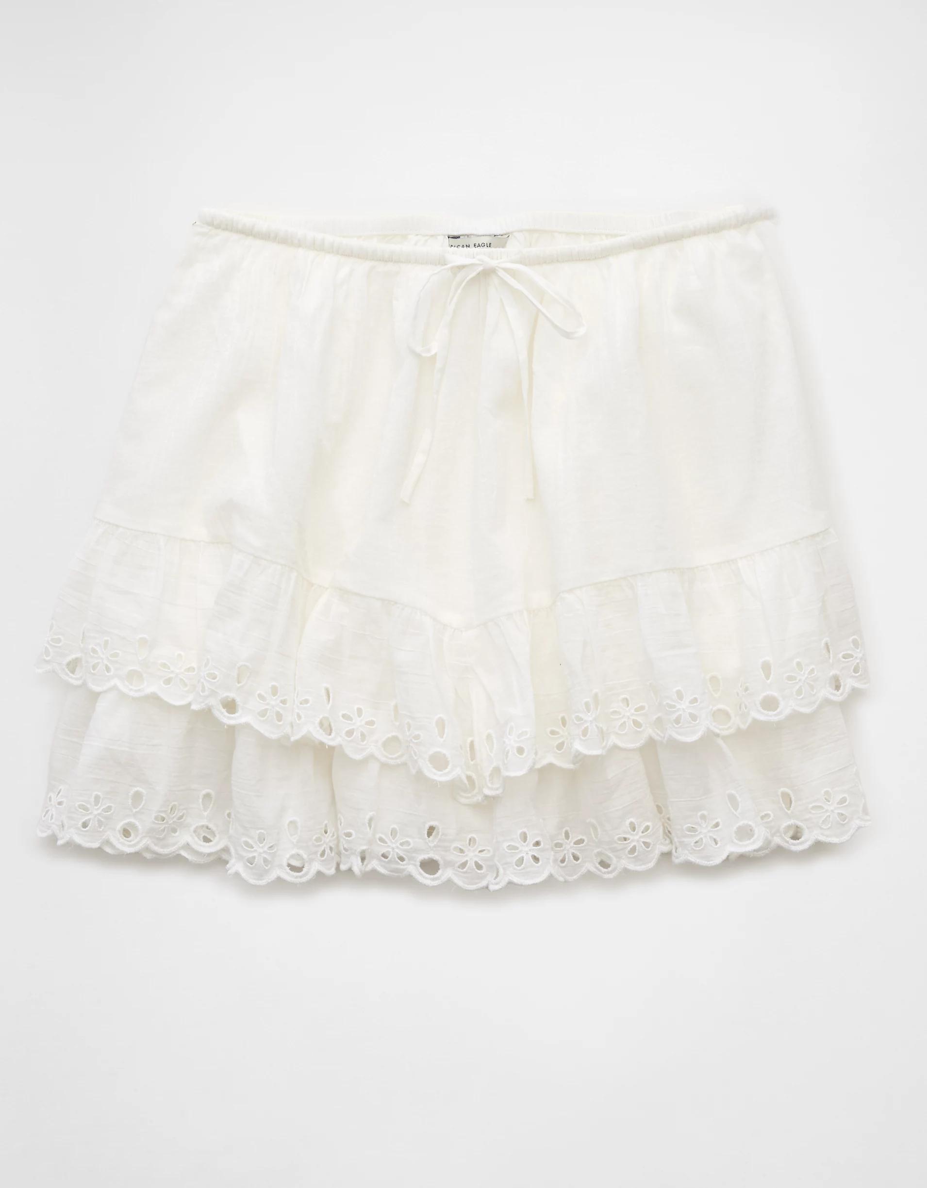 AE High-Waisted Embroidered Ruffle Mini Skirt Product Image