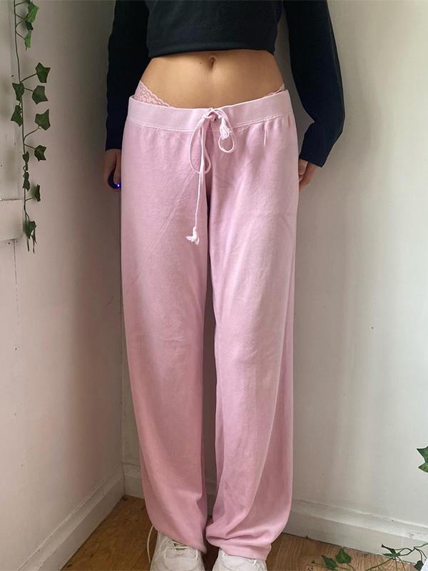 Letter Embroidered Print Drawstring Straight Leg Pants Product Image