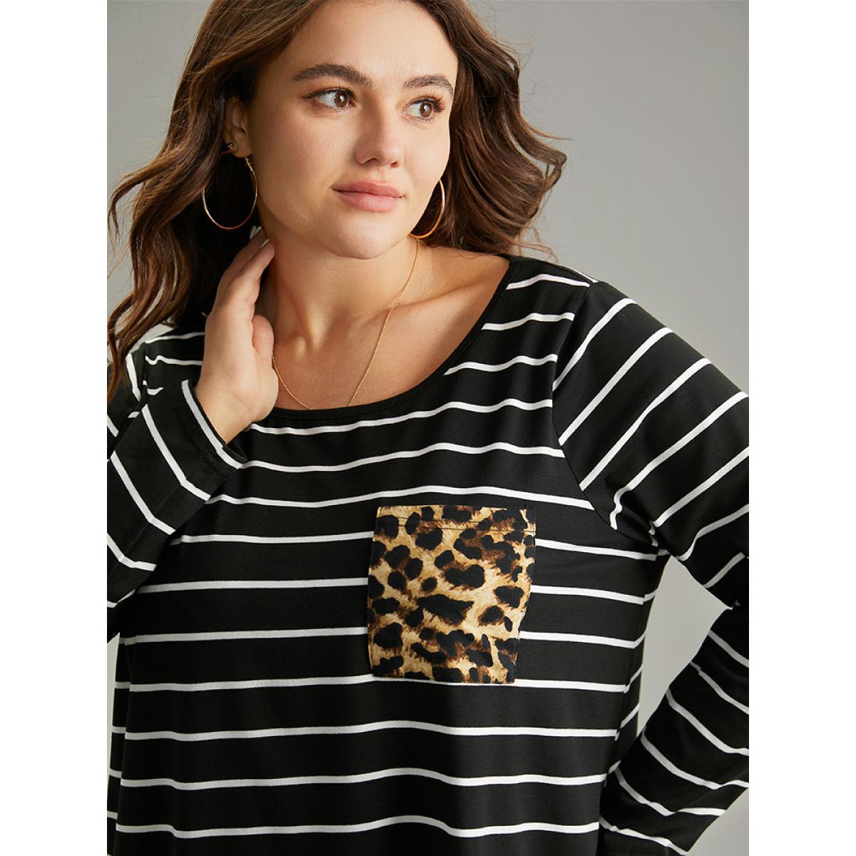 Plus Size Leopard Striped Patchwork Contrast Pocket T-shirt Black Women Casual Contrast Leopard Round Neck Dailywear T-shirts BloomChic 12/L Product Image