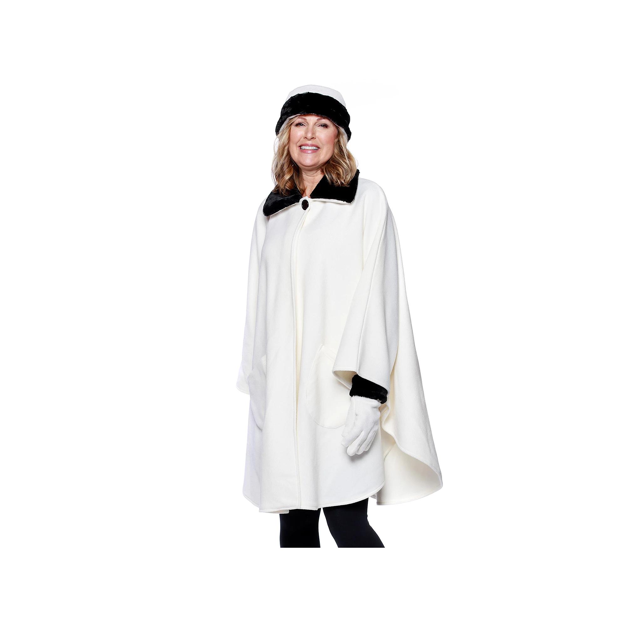 Women's Le Moda Faux Fur Trim Polar Fleece Wrap with Matching Gloves & Hat, White Product Image