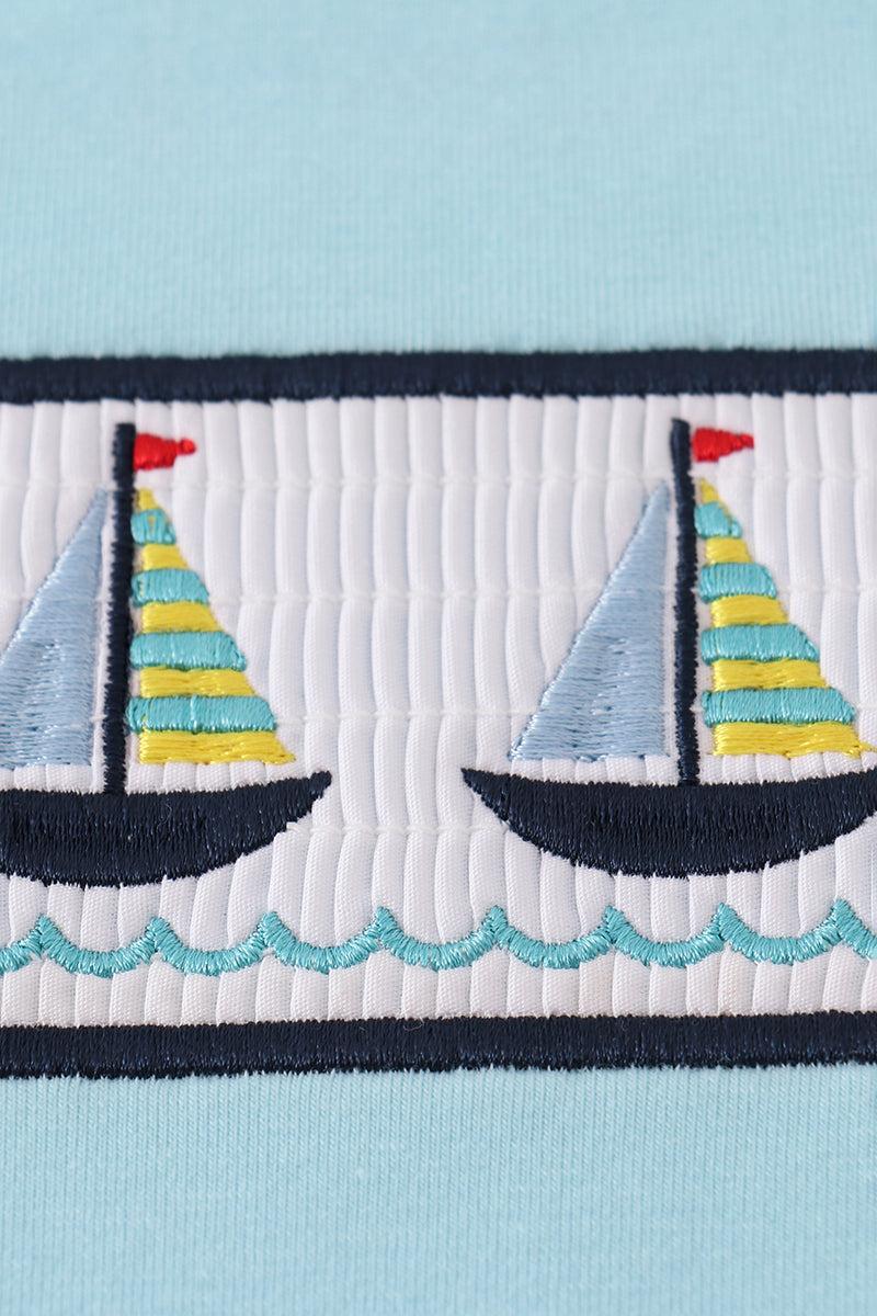 Blue sailboats embroidery smocked shorts set Product Image