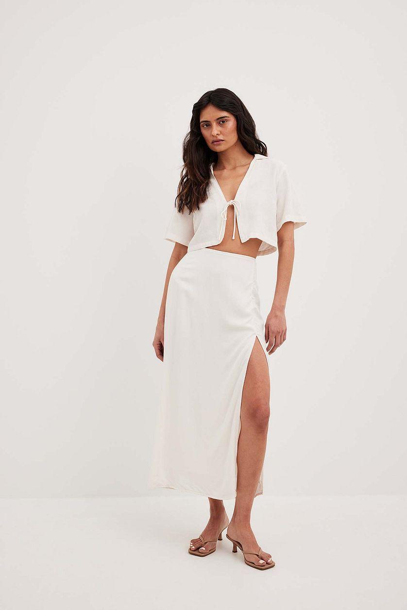 Linen Mix Slit Detail Midi Skirt Product Image