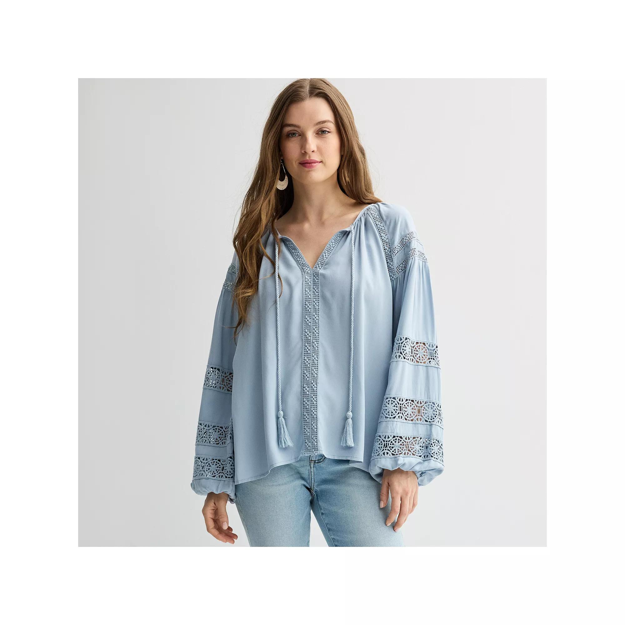 Women's Chelsea & Theodore Tie Neck Long Sleeve Embroidered Blouse, Size: Medium, Light Blue Product Image