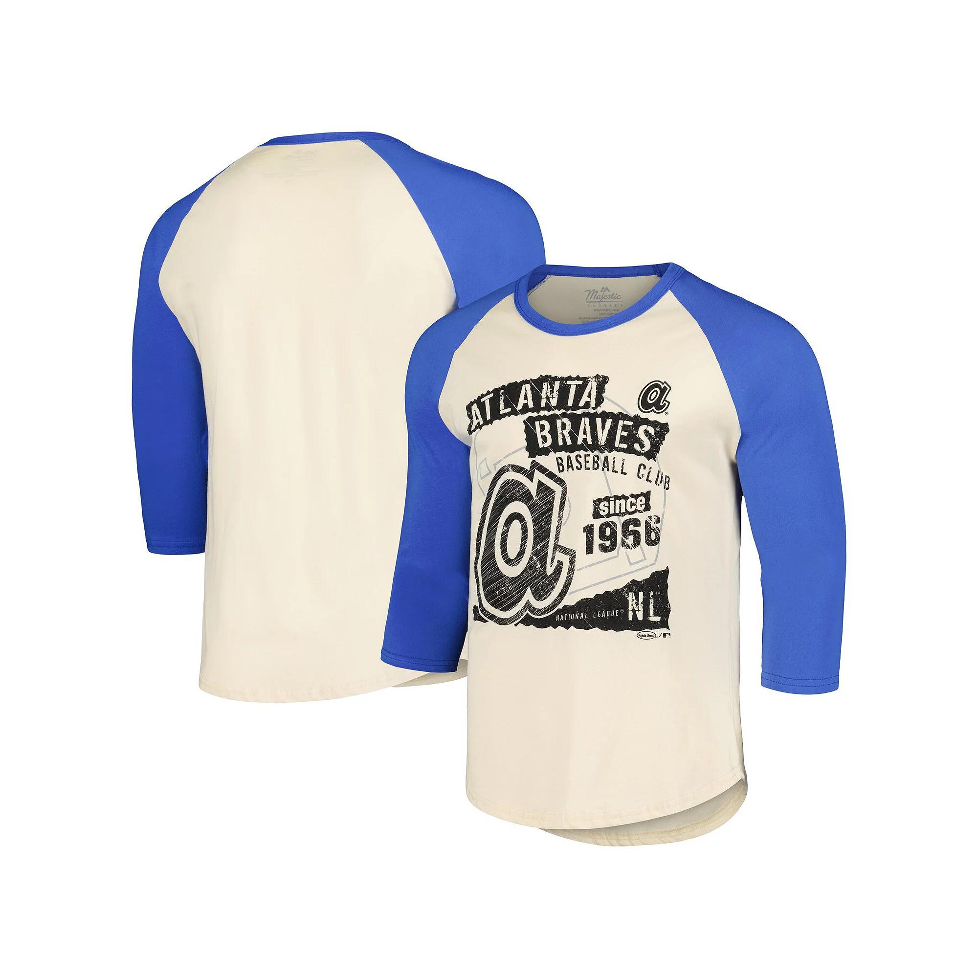 Men's Majestic Threads Cream/Royal Atlanta Braves Raglan 3/4-Sleeve T-Shirt,  Product Image