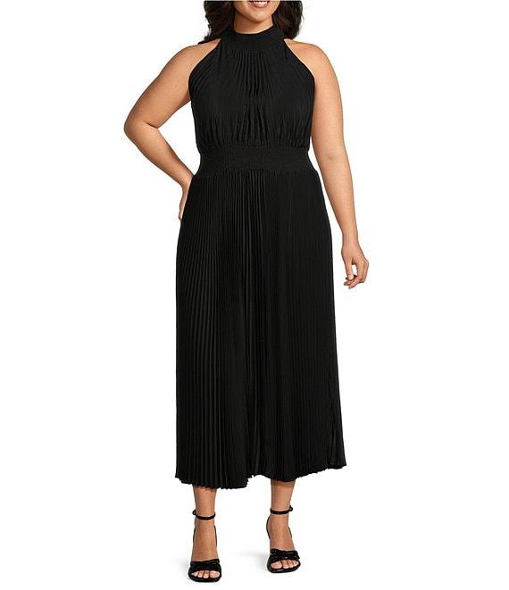 Marina Plus Size Sleeveless Halter Mock Neck Smocked Pleated Crepe Chiffon A-Line Maxi Dress Product Image
