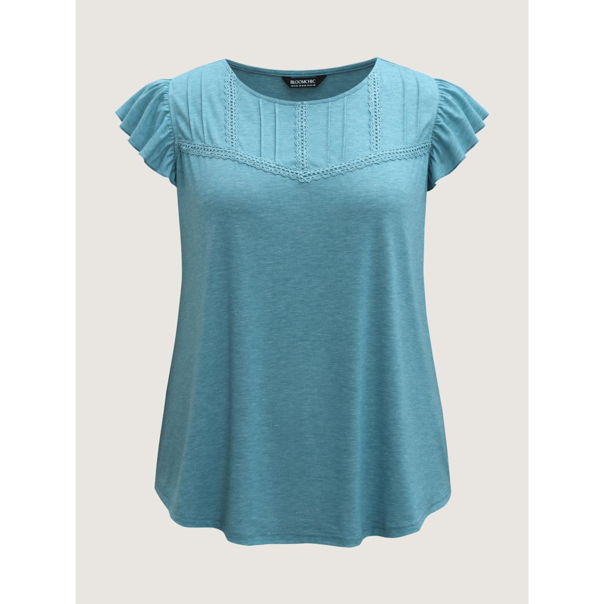 Plus Size Lace Toothpick Pleat Solid Top Turquoise Women Tucked seam Round Neck Everyday-Casual T-shirts BloomChic 10/M Product Image