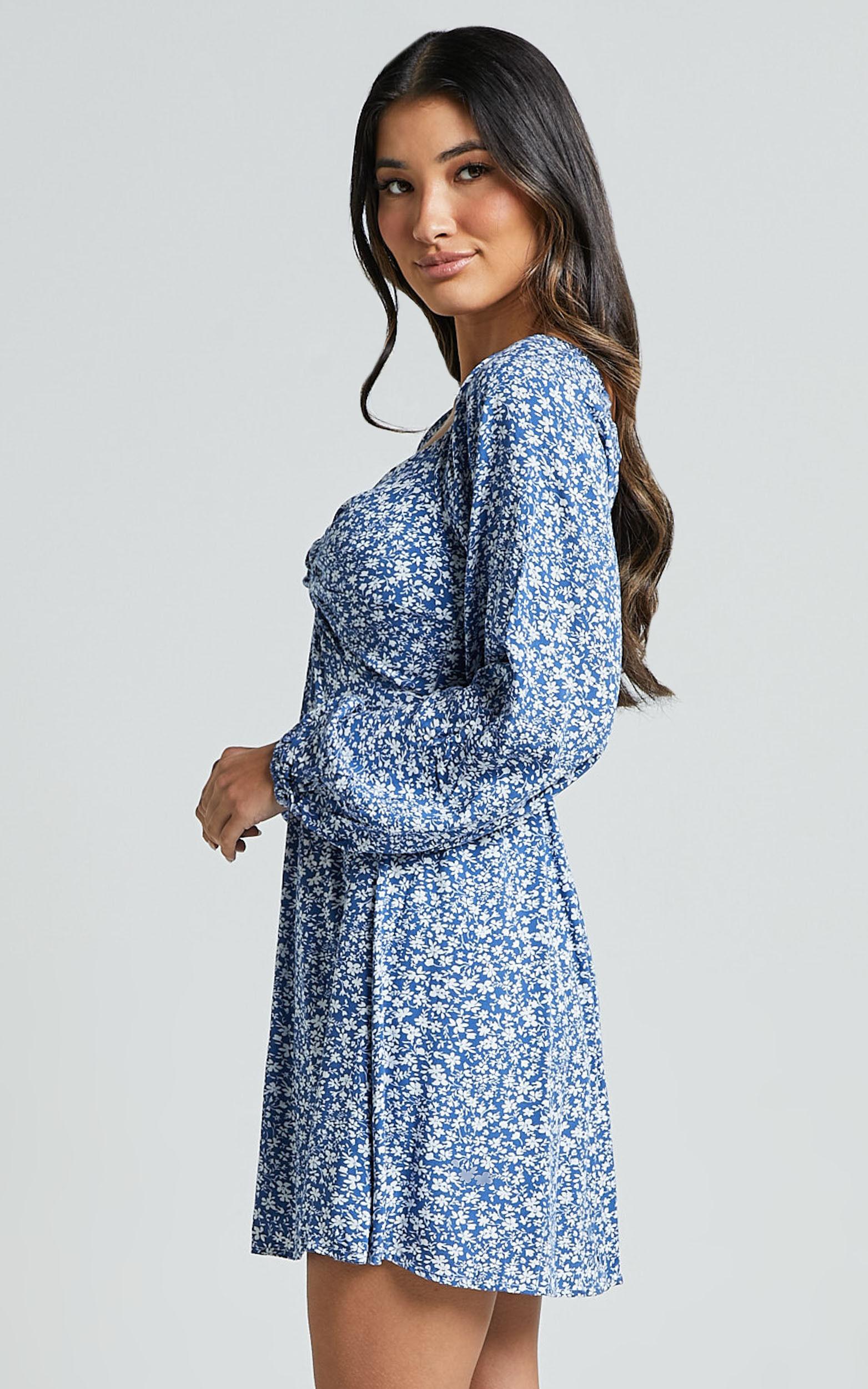 Ellison Mini Dress - 3/4 Sleeve Twist Bodice Dress in Blue Floral Product Image