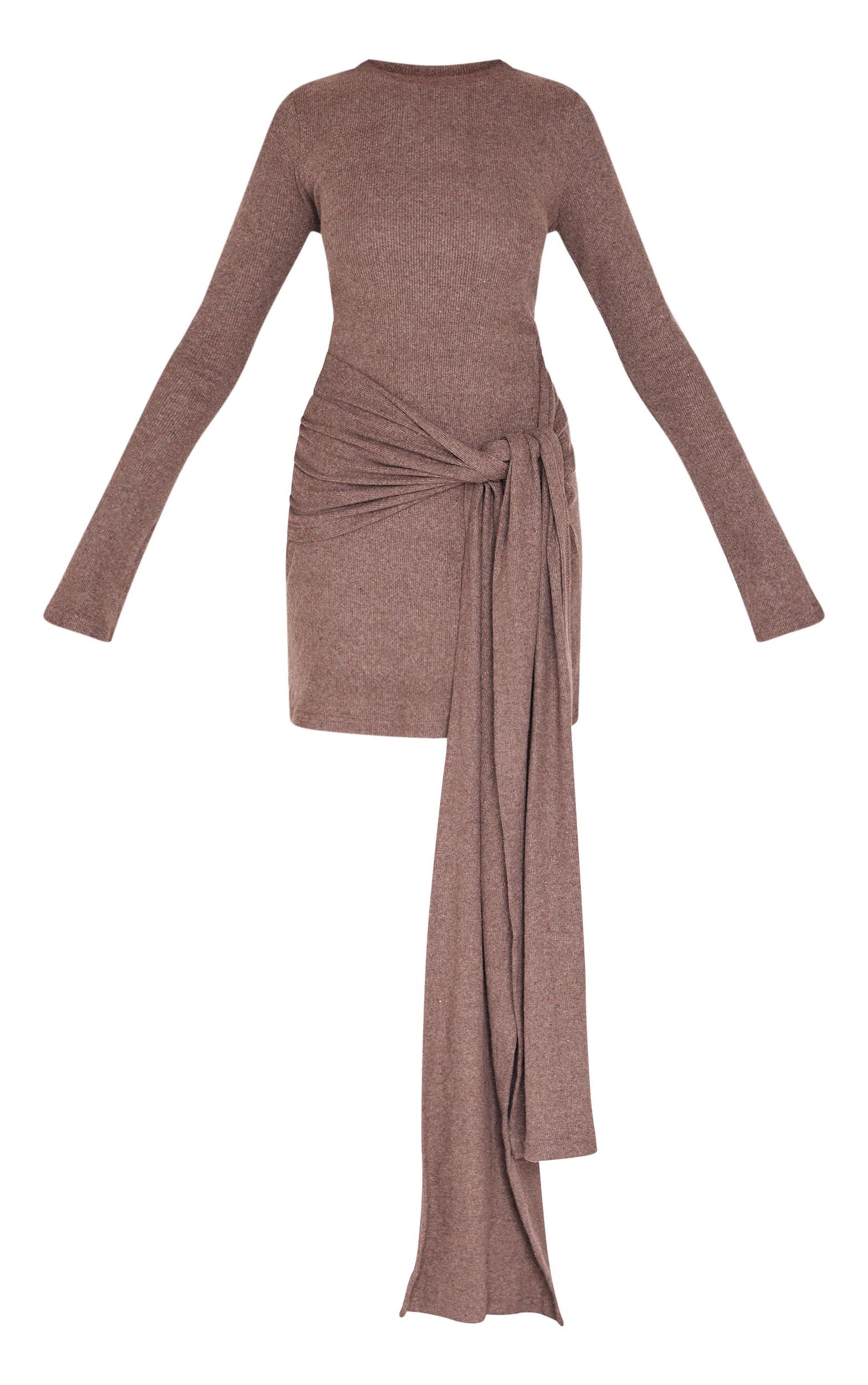 Chocolate Heavy Brushed Rib Boat Neck Wrap Tie Bodycon Dress Product Image