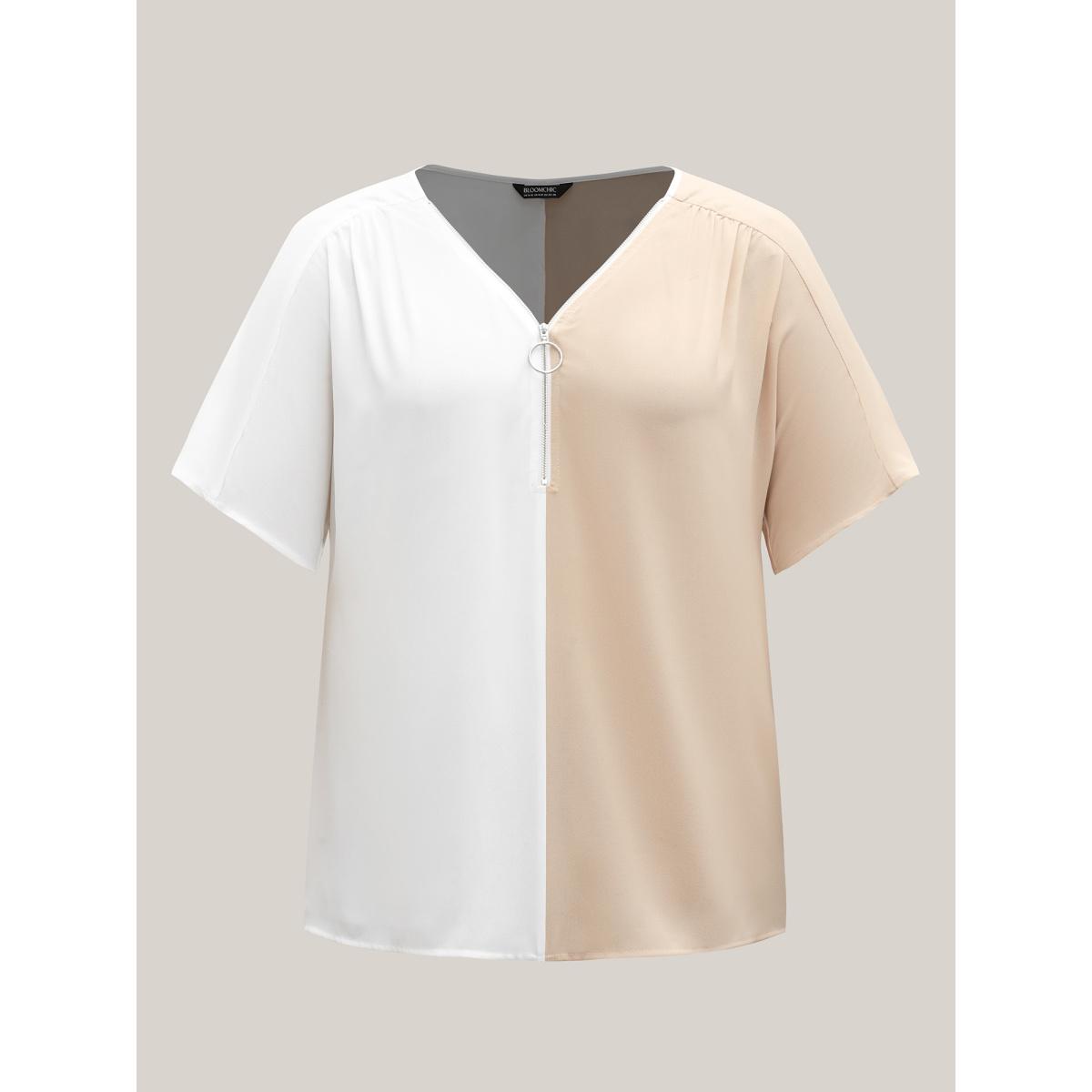 Plus Size Multicolor Sheer Zipper-Front V-Neck Shirt Women At the Office Short sleeve V-neck Work Blouses BloomChic 10/M Product Image