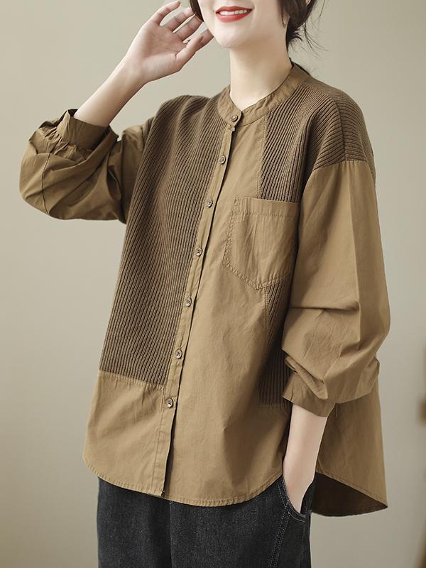 Long Sleeves Loose Asymmetric Buttoned Pockets Split-Joint Round-Neck Blouses&Shirts Tops Product Image