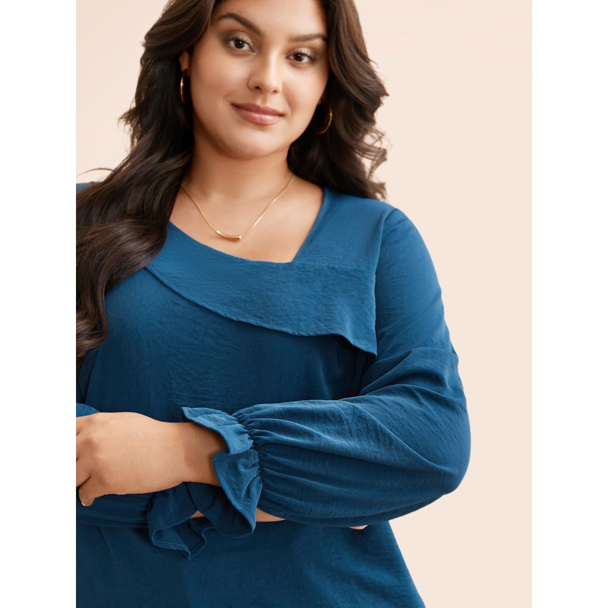 Plus Size Aegean Plain Textured Asymmetrical Neck Ruffles Blouse Women Elegant Long Sleeve Asymmetrical Neck Everyday Blouses BloomChic 14-16/1X Product Image