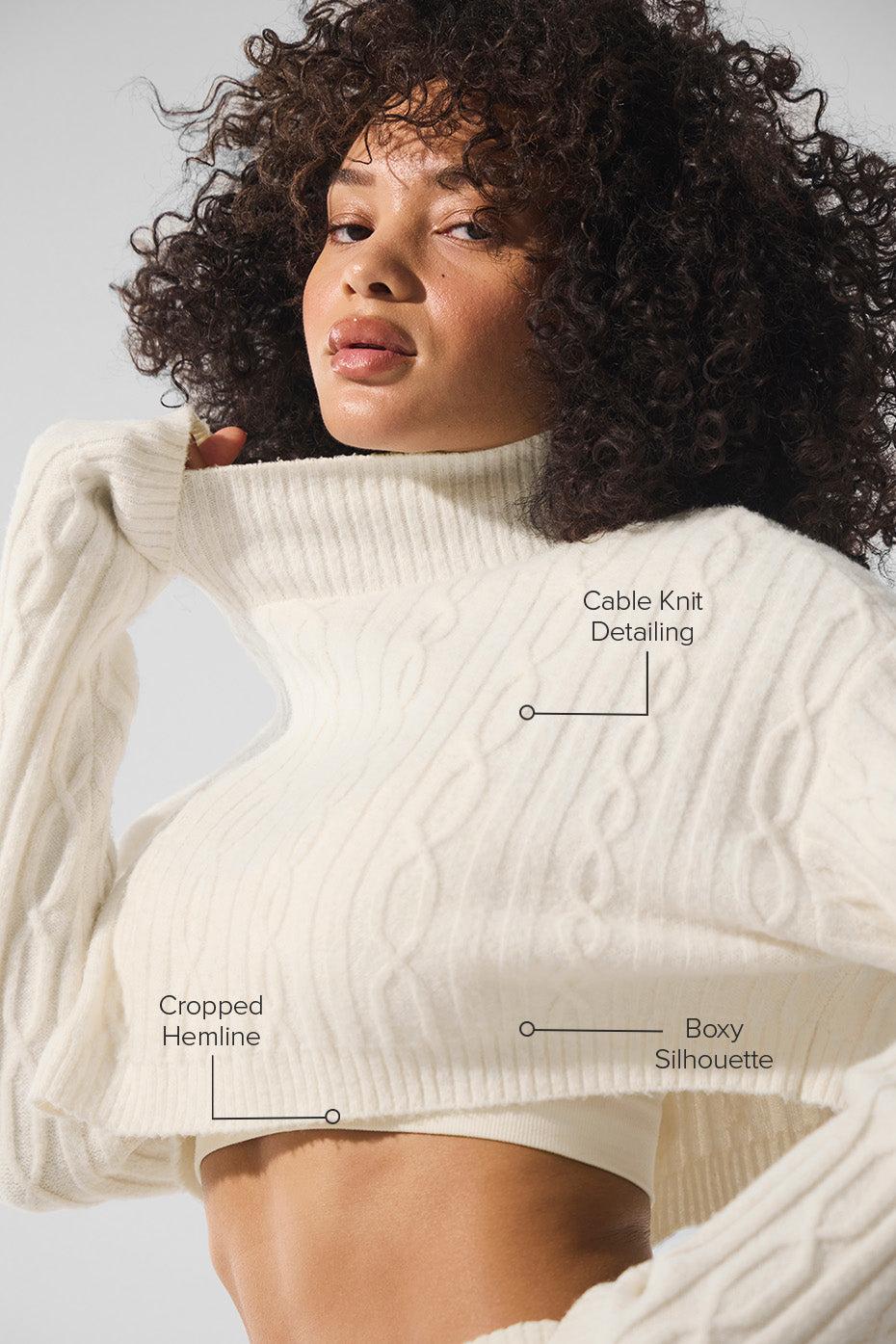 Cable Knit Cropped Winter Bliss Turtleneck Long Sleeve - Ivory Female Product Image