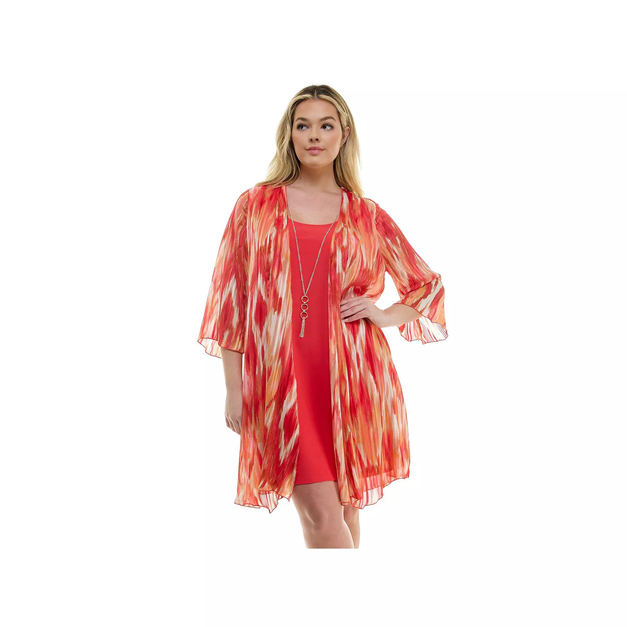 Plus Size Luxology 2-Piece 3/4 Bell Sleeve Cardigan & Drop Collar Dress Set, Womens Pink Peach Product Image