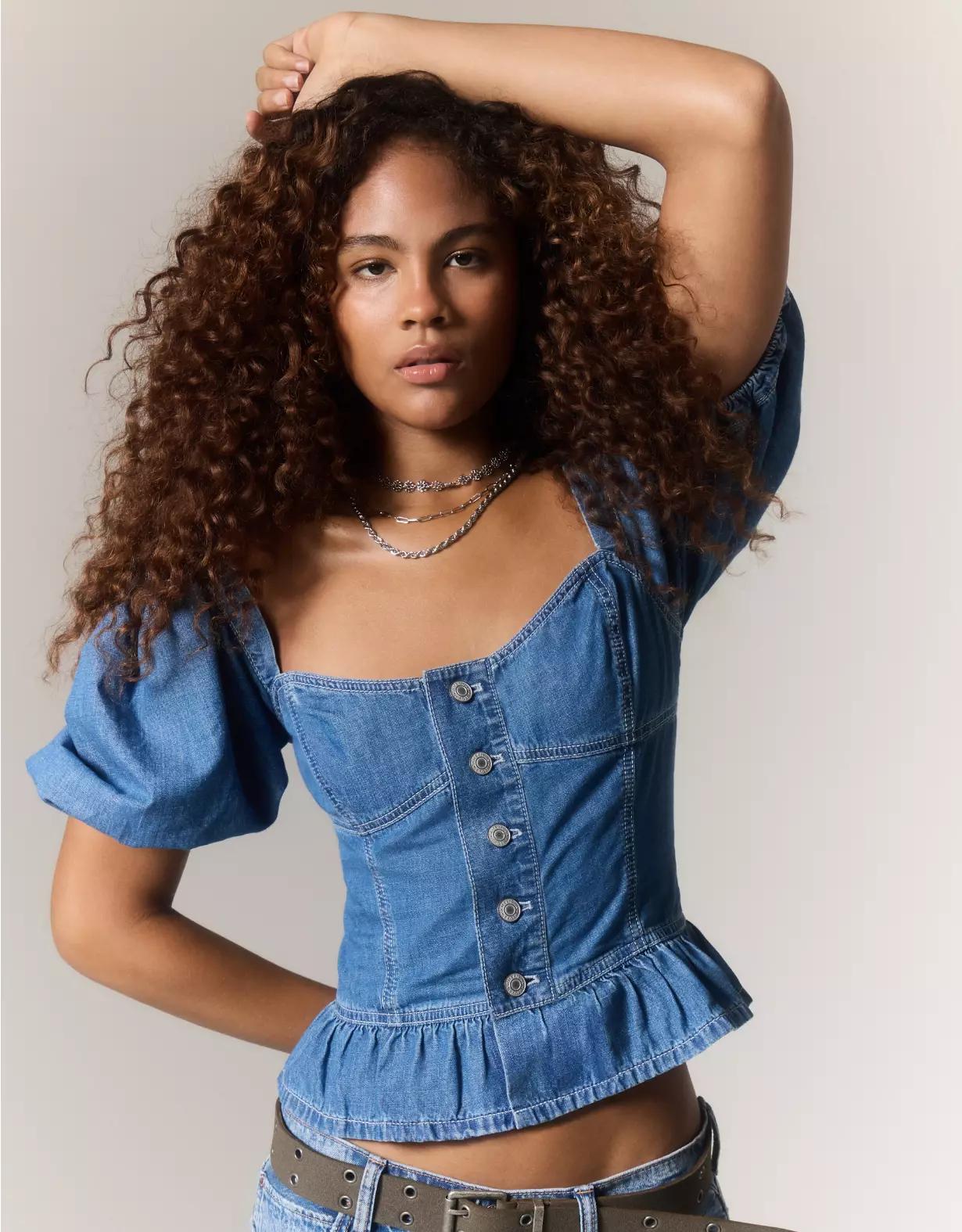 AE Denim Puff Sleeve Shirt Product Image