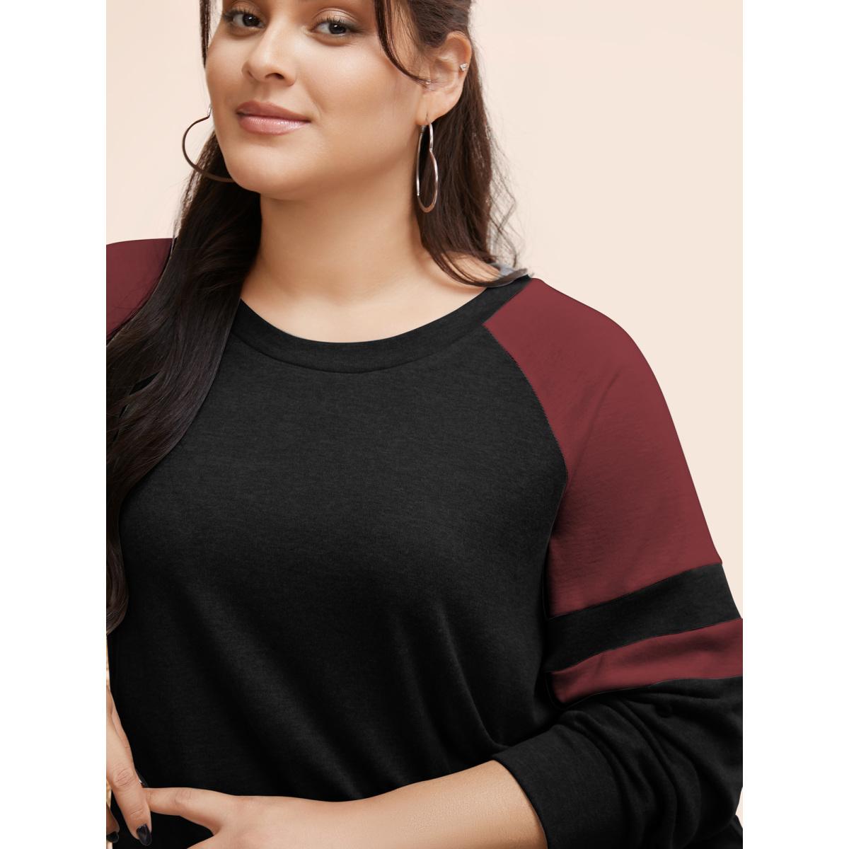Plus Size Colorblock Contrast Stitch Raglan Sleeve T-shirt Black Women Casual Elastic cuffs Striped Round Neck Dailywear T-shirts BloomChic 12/L Product Image