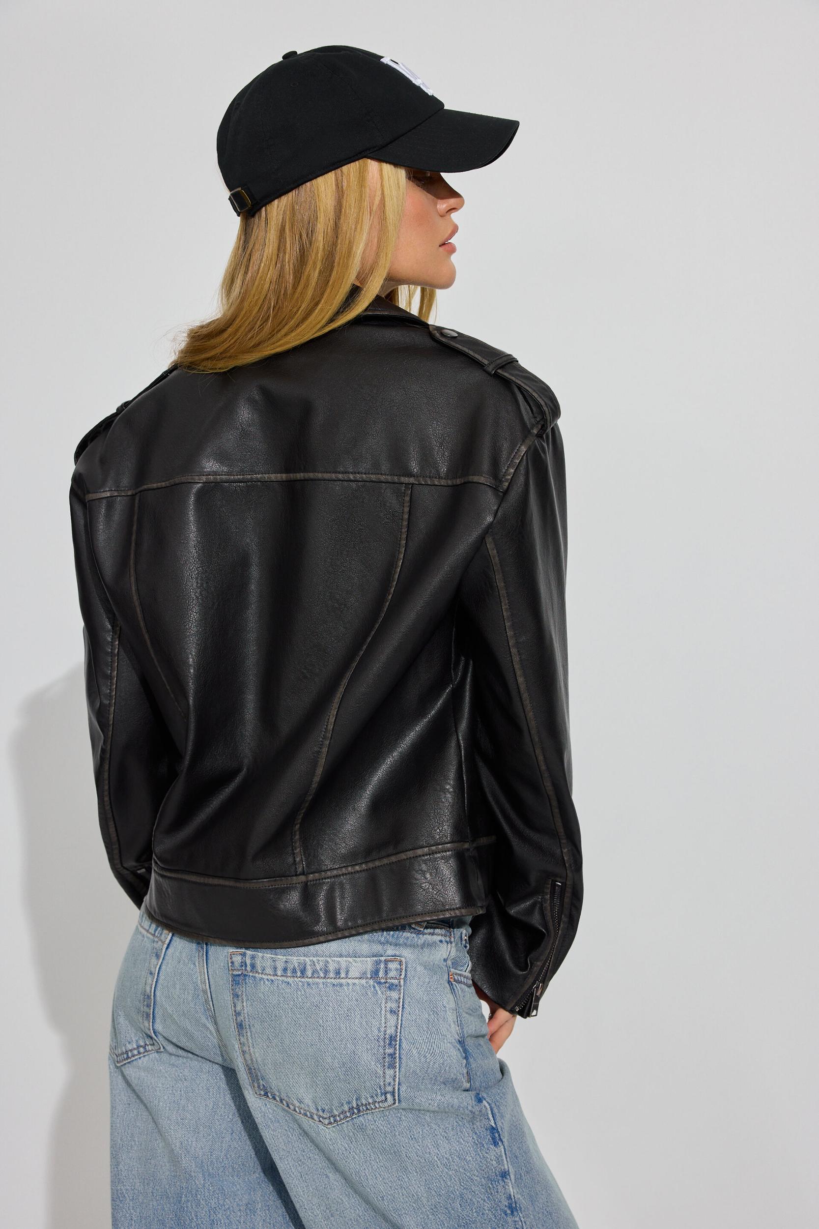 Washed Faux Leather Biker Jacket Product Image