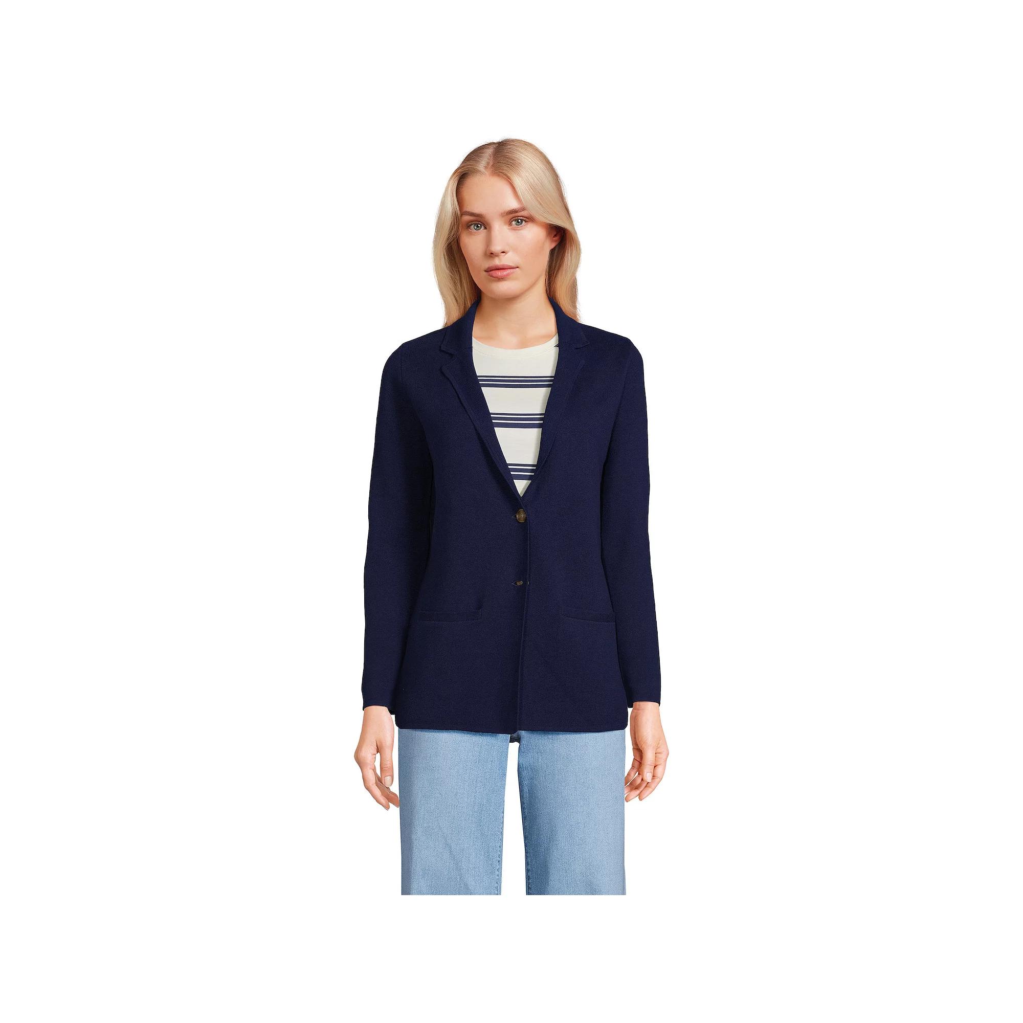 Women's Lands' End Fine Gauge Cotton Button Front Sweater Blazer, Size: XL, Deep  Blue Product Image