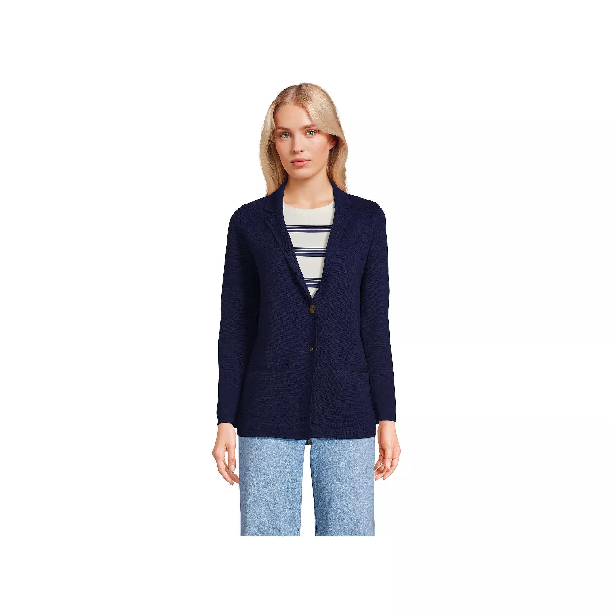 Women's Lands' End Fine Gauge Cotton Button Front Sweater Blazer, Size: XL, Deep  Blue Product Image