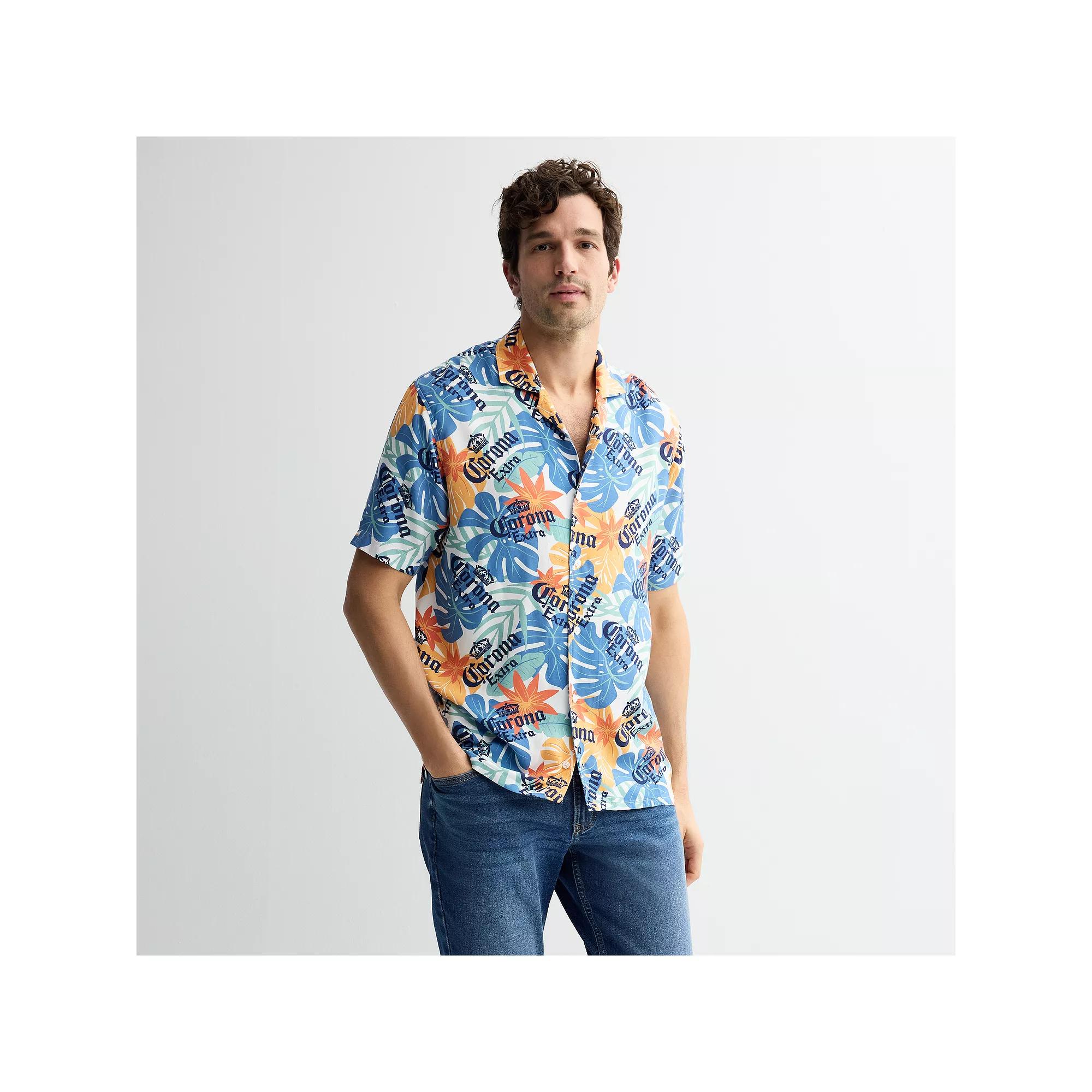 Men's Corona Logo & Floral Short Sleeve Button-Down Shirt, Size: Large, White Product Image