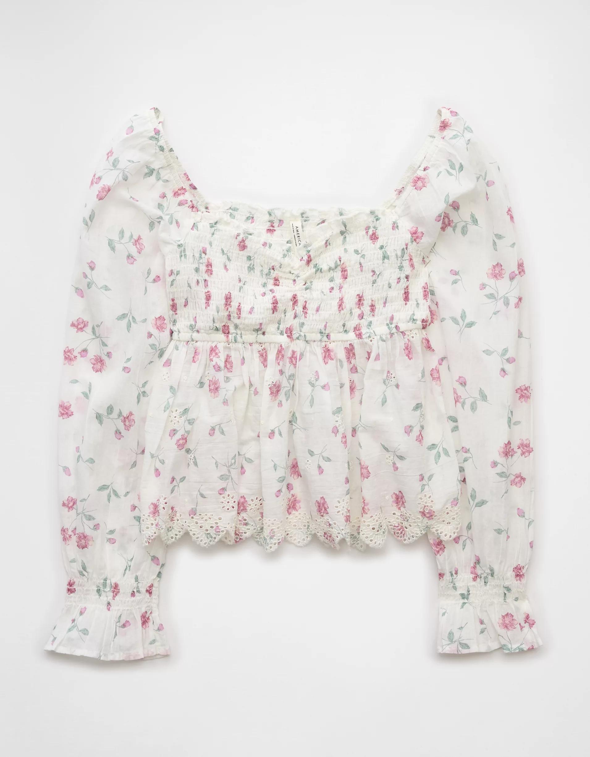 AE Long-Sleeve Smocked Babydoll Blouse Product Image