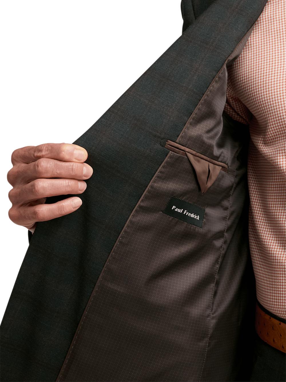 Wool Stretch Plaid Single Breasted Peak Lapel Suit Jacket - Dark Olive Product Image