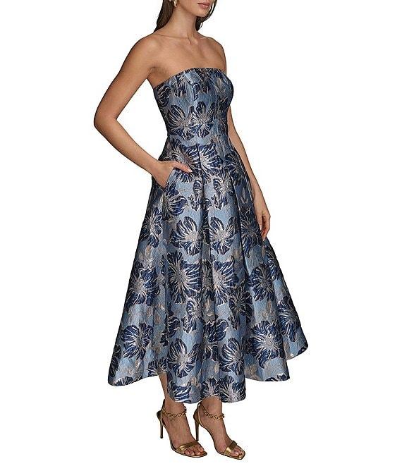 Donna Karan Strapless Jaquard Floral Print A-Line Midi Dress Product Image