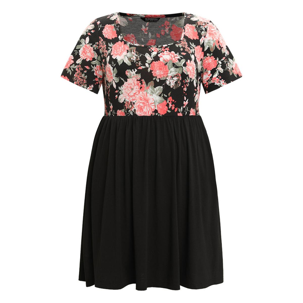 Plus Size Supersoft Essentials Floral Print Patchwork Square Neck Dress Black Women Casual Contrast Square Neck Short sleeve Curvy Knee Dress BloomChic 30/6X Product Image