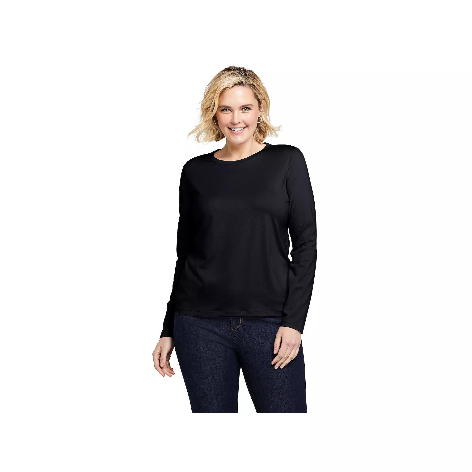 Plus Size Lands' End Long Sleeve Relaxed Supima Cotton Crewneck Tee, Women's, Size: 3XL, Black Product Image