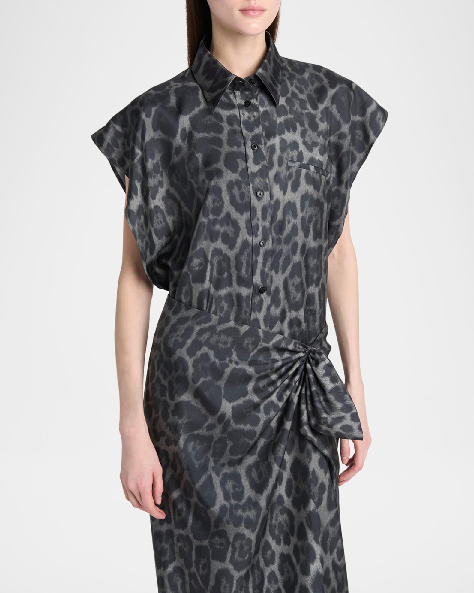 Leopard-Print Silk Cap-Sleeve Button-Down Top Product Image