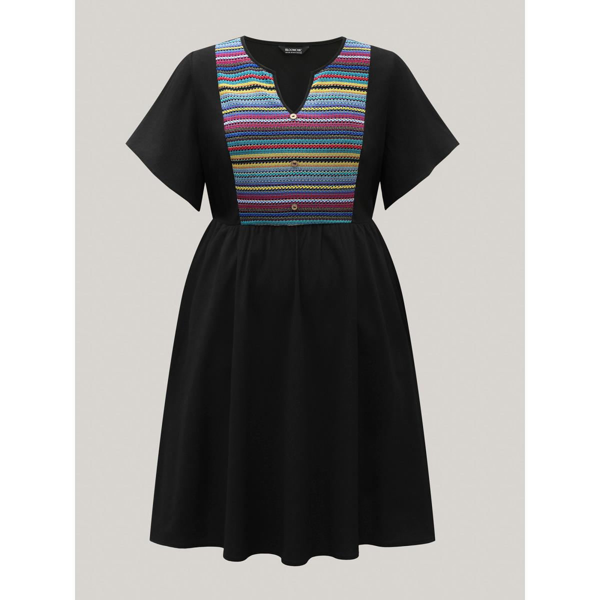 Plus Size Colorful Stripes Textured Pockets Midi Dress Black Women Flat collar with V-notch Short sleeve Curvy BloomChic 18-20/2X Product Image