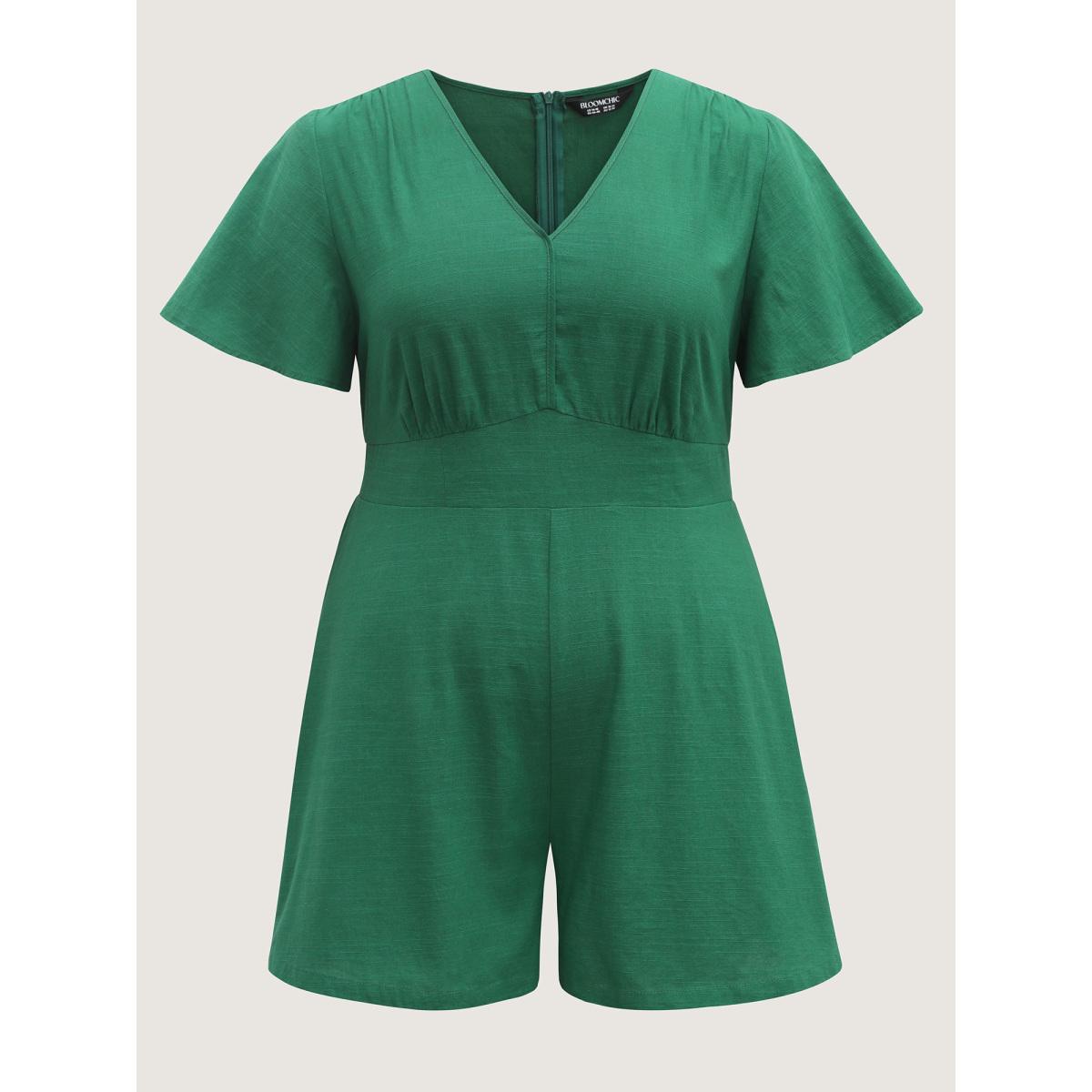 Plus Size DarkGreen Cinched-Waist V-Neck Solid Romper Women Short sleeve Non Vacation Loose Jumpsuits BloomChic 14-16/1X Product Image