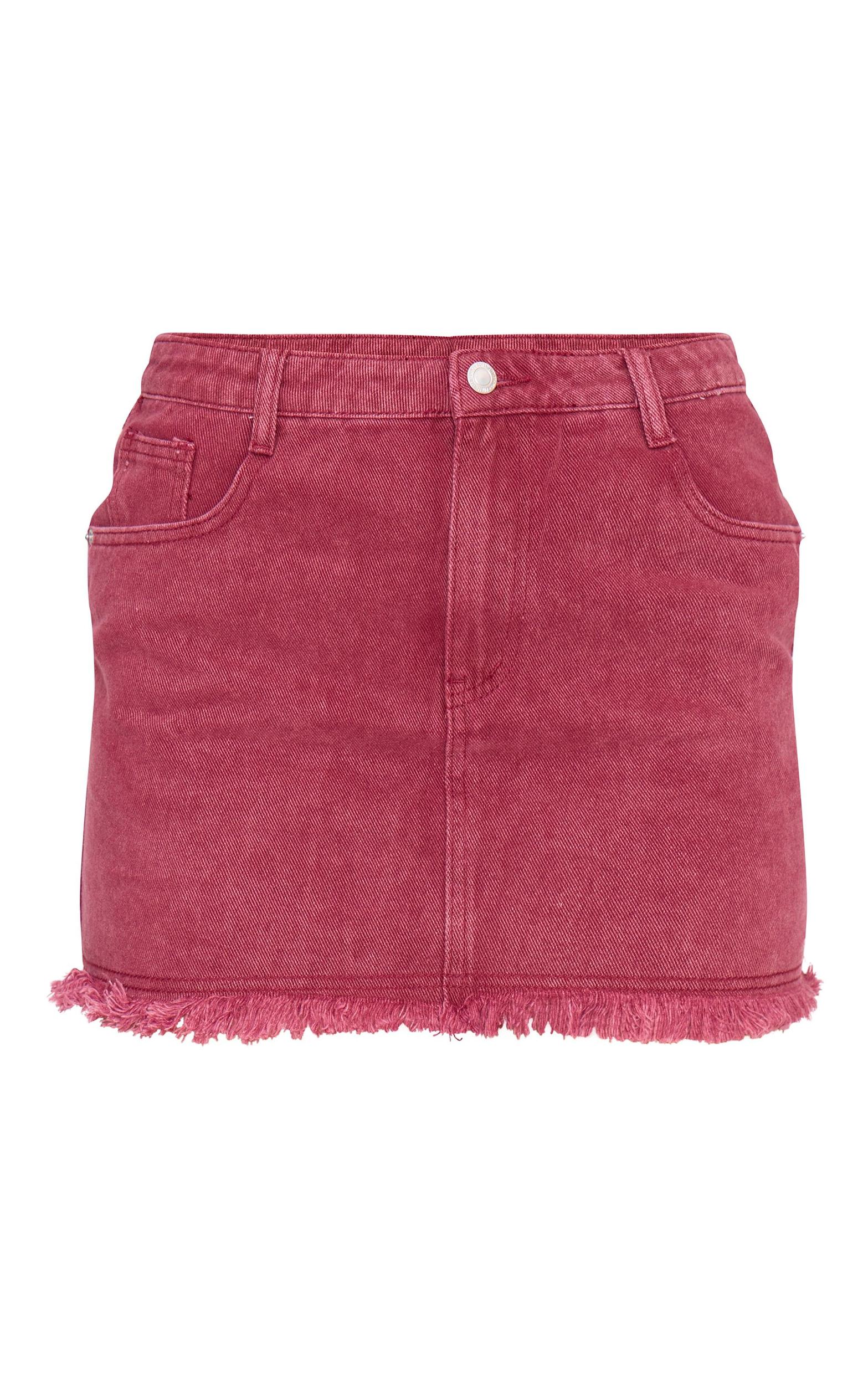 Washed Burgundy Raw Hem Denim Mini Skirt Product Image