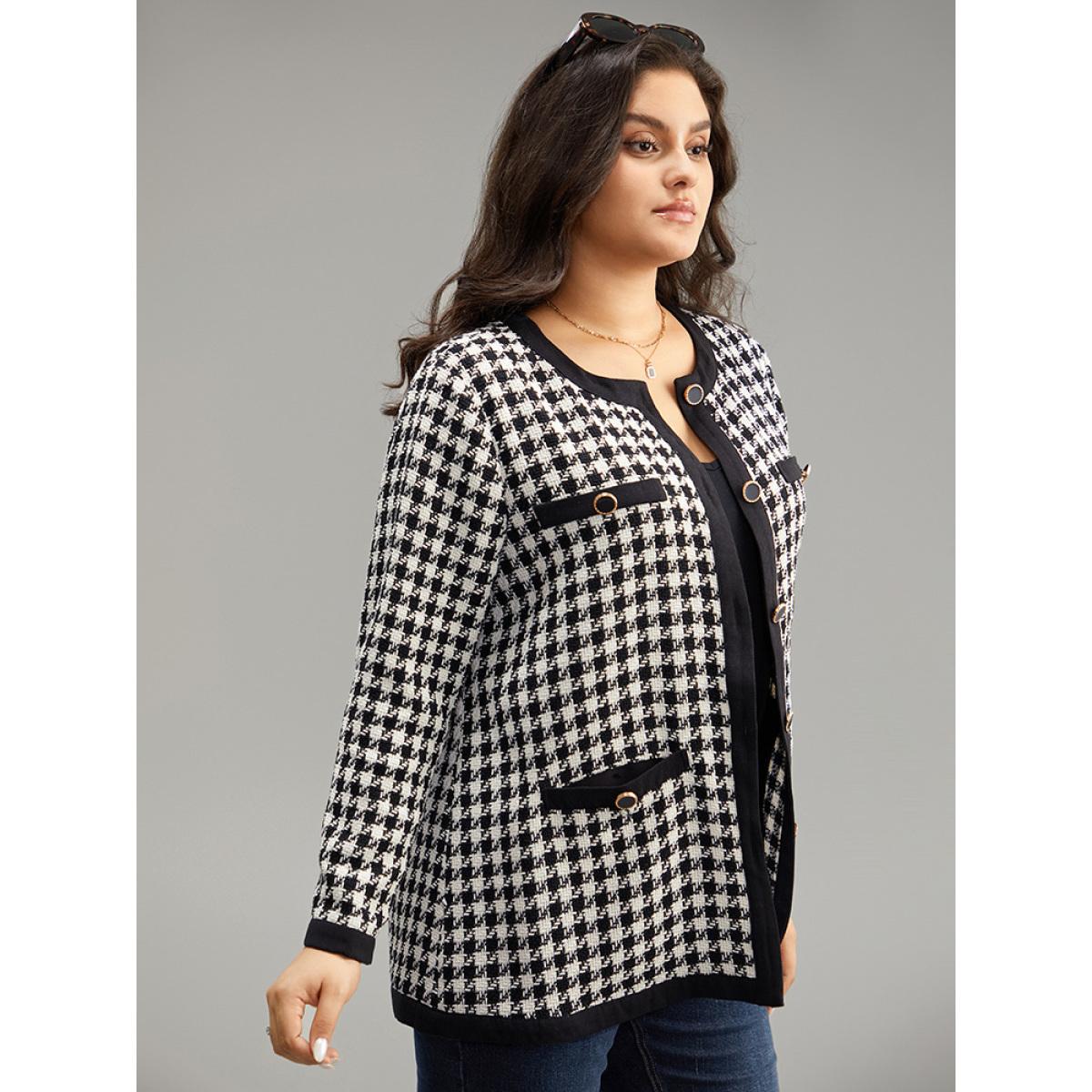 Plus Size Twill Houndstooth Button Detail Pocket Coat Women Black Elegant Texture Ladies Everyday Winter Coats BloomChic 28/5X Product Image