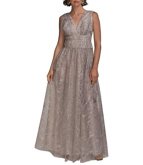 Donna Karan V-Neck Embroidered Mesh Sequin Dress Product Image