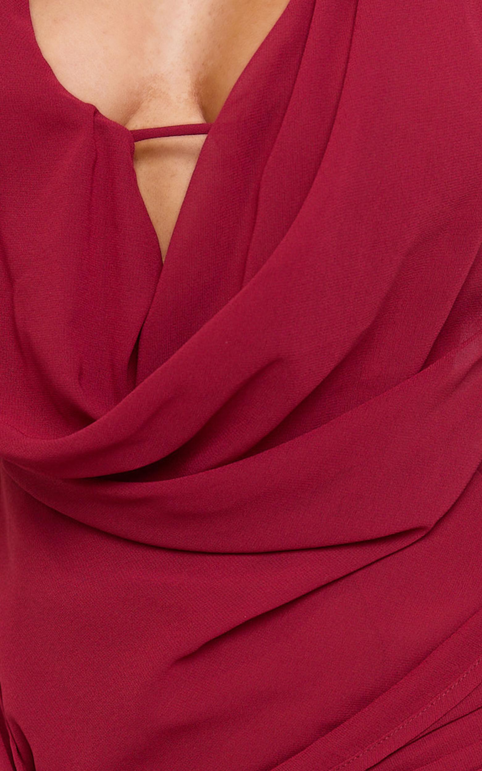 Bijou Mini Dress - Halter Low Cowl Gathered Bodycon Dress in Dark Red Product Image