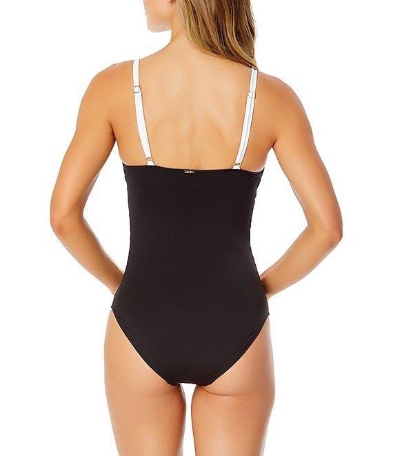 Anne Cole Mesh Insert Colorblock V-Neck One Piece Swimsuit Product Image