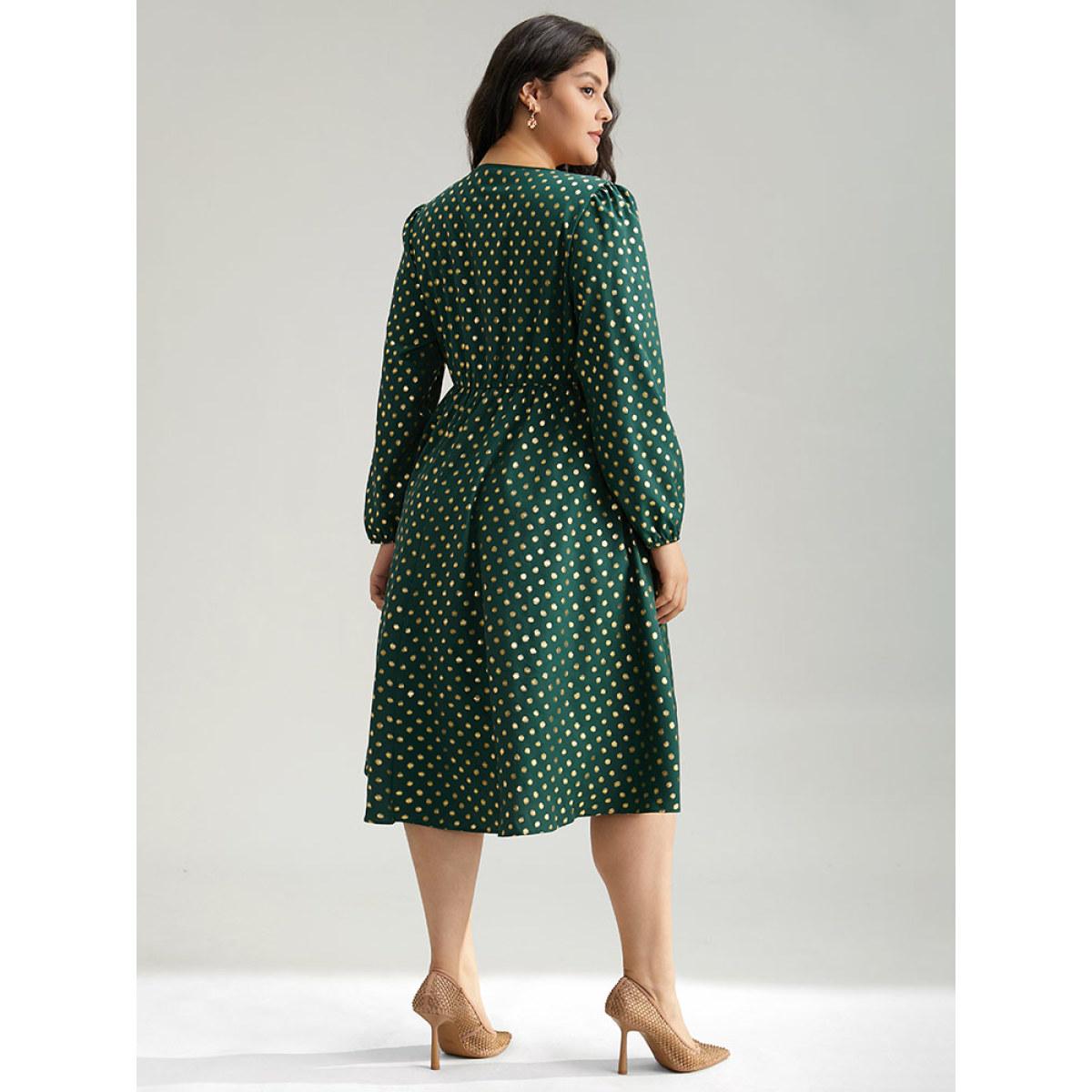 Plus Size Glitter Polka Dot Notched Elastic Cuffs Dress DarkGreen Women Elegant Elastic cuffs Notched collar Long Sleeve Curvy Midi Dress BloomChic 18-20/2X Product Image