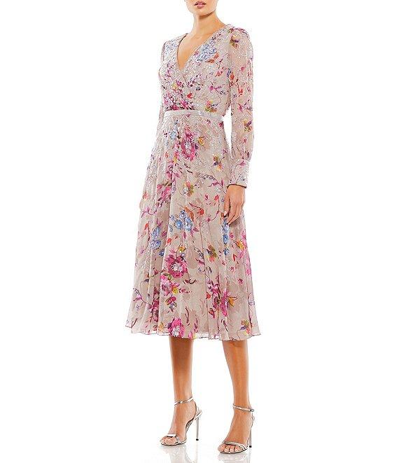 Mac Duggal Floral Print V-Neck Long Sleeve Midi Dress Product Image