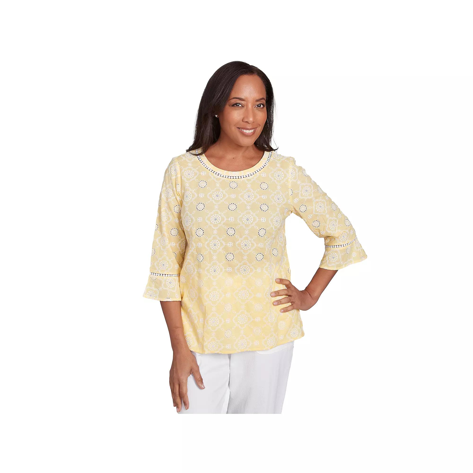 Petite Alfred Dunner Embroidered Floral Eyelet Bell Sleeve Top, Women's, Size: Medium Petite, Yellow Product Image
