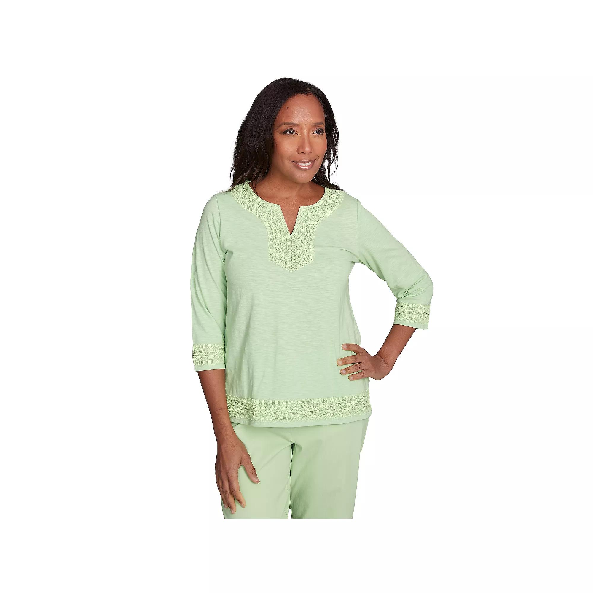 Women's Alfred Dunner Solid Split Neck Lace Trim Top,  Product Image