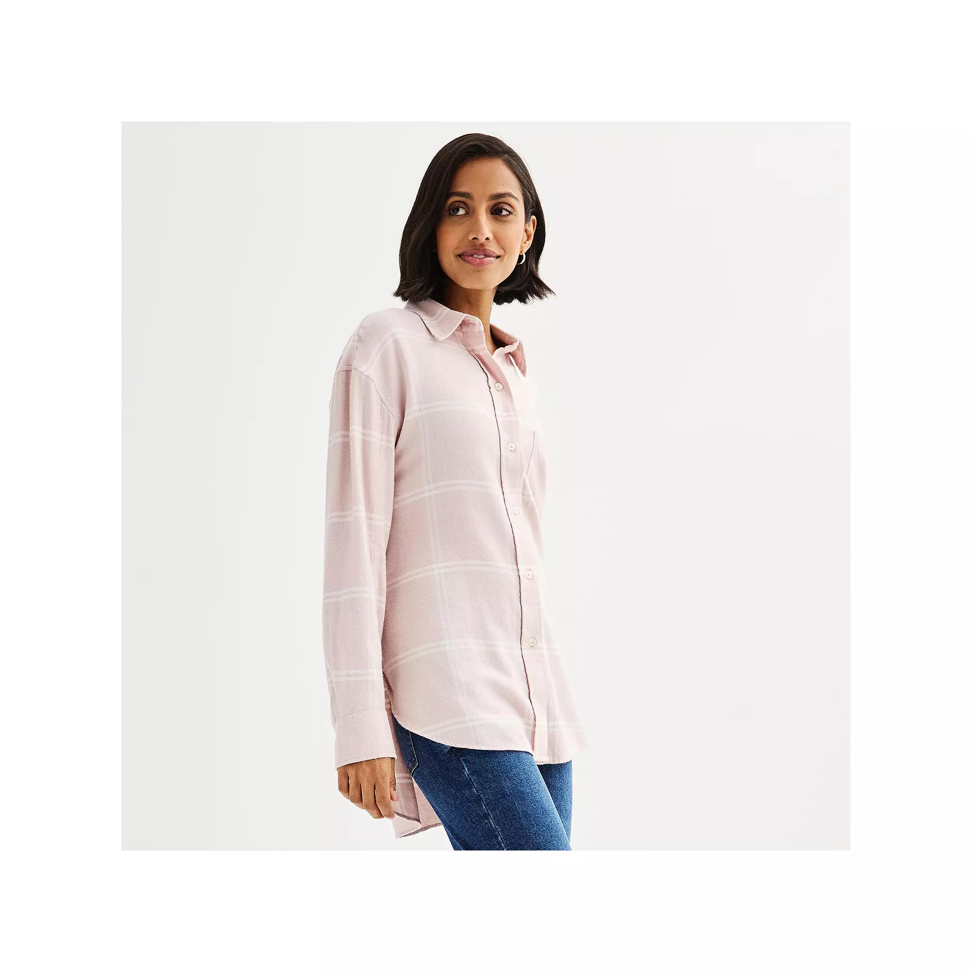 Petite Sonoma Goods For Life® Oversized Boyfriend Flannel, Women's, Size: Large Petite, Moss Green Plaid Product Image