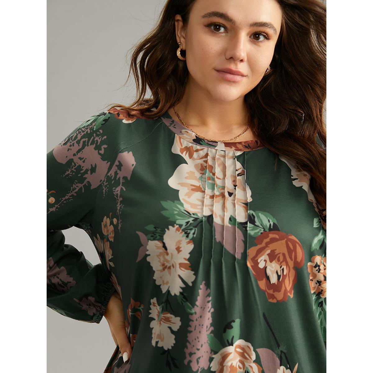 Plus Size Floral Print Pleated Detail Lantern Sleeve T-shirt DarkGreen Women Elegant Elastic cuffs Floral Round Neck Everyday T-shirts BloomChic 14-16/1X Product Image