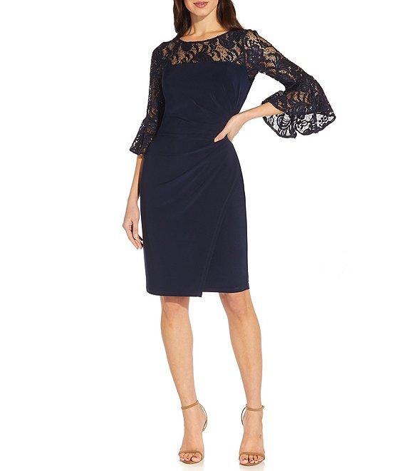 Adrianna Papell Sequin Lace 3/4 Bell Sleeve Round Illusion Neck Jersey Side Draped Sheath Dress Product Image
