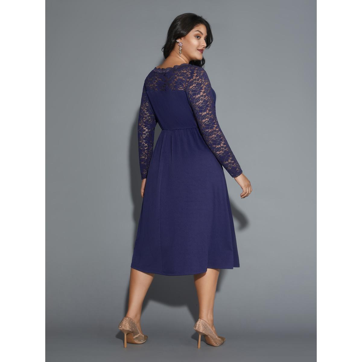 Plus Size Boat Neck Floral Crochet Lace Mesh Dress Indigo Women Cocktail Woven ribbon&lace trim Party Curvy Bloomchic 28/5X Product Image