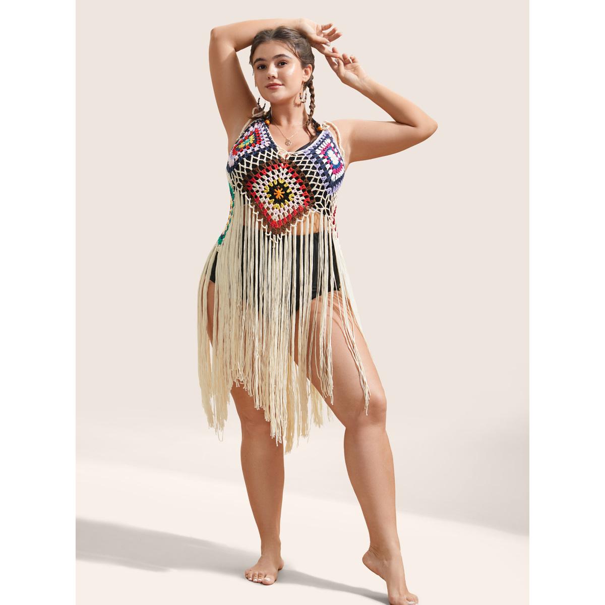 Plus Size Geometric Crochet Fringe Hem Swim Cover Up Women's Swimwear Apricot Beach Texture Curve Swim Cover Ups BloomChic 12/L Product Image