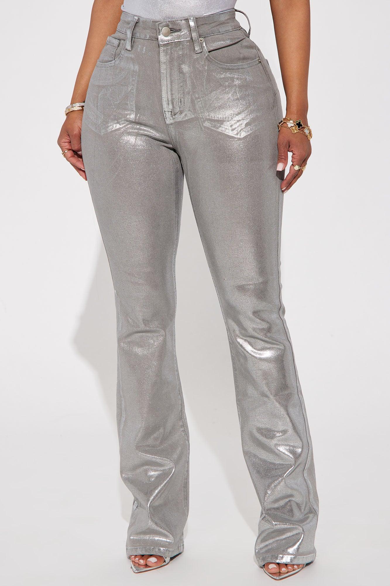 Shine Bright Foil Stretch Bootcut Jeans - Silver Product Image
